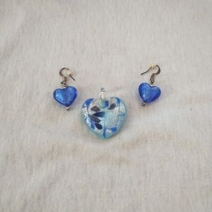 Murano Blue Heart Glass Pendant from Italy with matching earrings